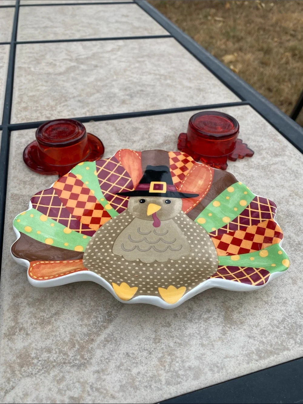 Thanksgiving Turkey Plate and Autumn Glass Tealight Holders